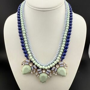 Charming Charlie Statement Beaded Necklace Blue Green Gem Rhinestone Layered